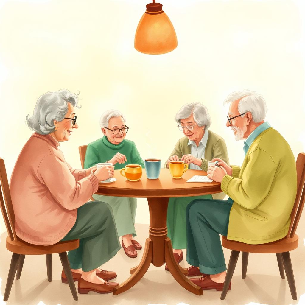 Idosos ao redor de uma mesa tomando café e conversando