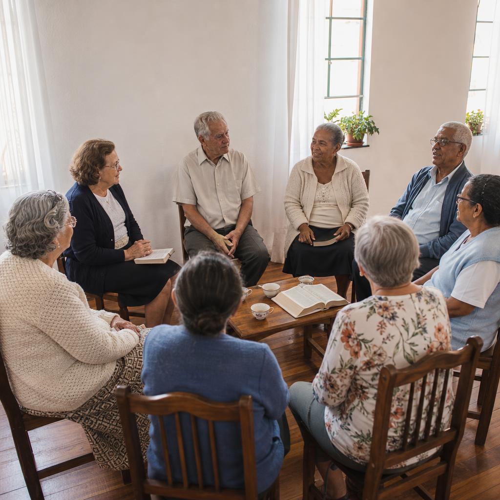 Grupo de pessoas idosas reunido em uma igreja, conversando em círculo